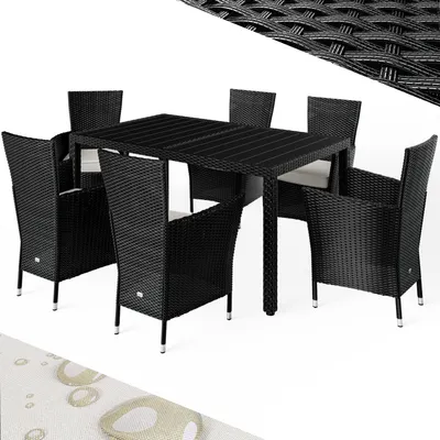 Obrázek produktu pro CASARIA® zahradní nábytek set 6 židlí včetně 7cm polštáře stůl 150x90cm polyratan odolný proti povětrnostním vlivům stohovatelný venkovní balkon terasa 160kg nosnost moderní WPC černá