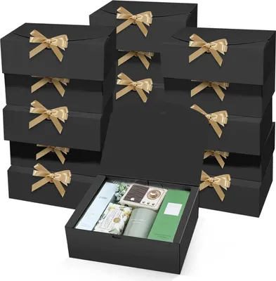 Image de 15x Boîtes cadeau Noir 25x20x10cm avec couvercle en papier kraft & ruban doré