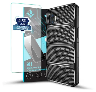 A smartphone case and screen protector are displayed against a light gray and white background.
