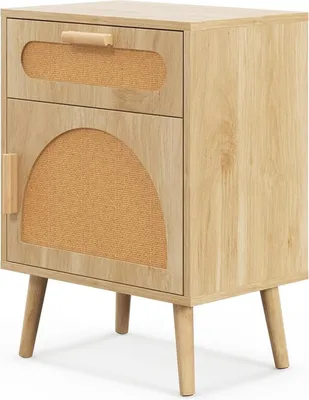 Obrázok produktu pre Nočný stolík s ratanovou dekoráciou, stolík so zásuvkou, skrinka s dvierkami a nohami z borovicového dreva, prízvuk stolíka v boho štýle do spálne