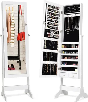 Image de Armoire à bijoux - Avec miroir - Verrouillable - Bois - Porte-bagues et crochets pour colliers - Porte-boucles d'oreilles - Pour cosmétiques - Montage nécessaire - Blanc