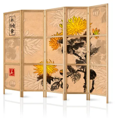 Immagine prodotto di Pannello divisorio giapponese, 5 ante, pieghevole, realizzato in tessuto non tessuto di alta qualità, motivo acquerello con fiori di crisantemo, ideale per la camera da letto, dimensioni 225 cm x 172 cm