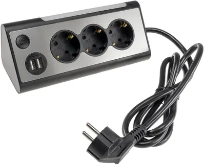 Produktbild von 3-fach Steckdosenblock + 2x USB, silber250V/ 16A, Aufbaumontage, 1,5m Kabel