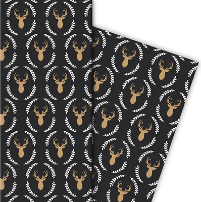 Produktbild von Hirsch Geschenkpapier mit Hirsch Silhouette im Lorbeer Kranz, grau schwarz - G9897, 32 x 48cm
