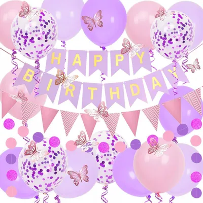 Immagine prodotto di Set di decorazioni per compleanno, colori lilla e rosa, include ghirlande, palloncini e farfalle, ideale per ragazze e donne