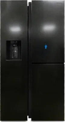 A black Samsung side-by-side refrigerator with a water dispenser.