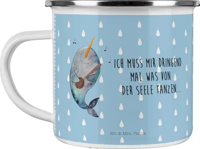 Produktbild von Mr. & Mrs. Panda Tasse Emaille Narwal Gitarre - Blau Pastell - Geschenk, Probleme, Gespräche, Pott, Wal, Meer, Teetasse, Tanzen, Motivtasse, Haferl, Blechtasse