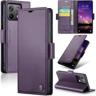 A collage of images showing a purple leather wallet-style phone case for a Xiaomi Redmi Note 13 5G, with various angles and views of the case, including its card slots and stand function.
