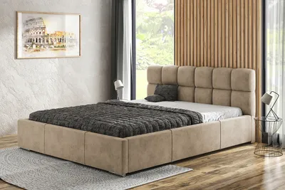 Zdjęcie produktu dla Łóżko tapicerowane AGMAT MALTA z wezgłowiem, 200 x 200 cm, łóżko podwójne z podstawą łóżka i metalową ramą z listew, tkanina welurowa: jasnobrązowa
