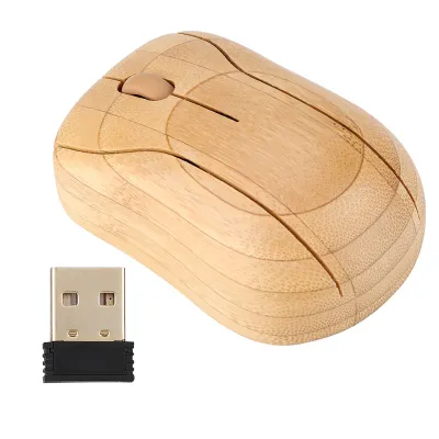 A bamboo wireless mouse and its USB receiver are shown against a white background.