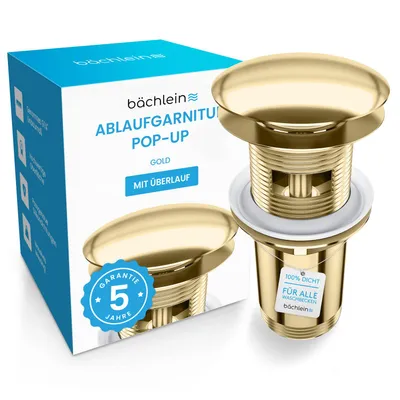 Produktbild von Bächlein Pop Up Ablaufgarnitur mit Überlauf für Waschbecken & Waschtisch - Gold