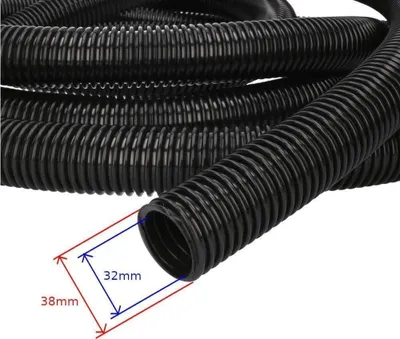 A coiled black corrugated hose with measurement indicators.