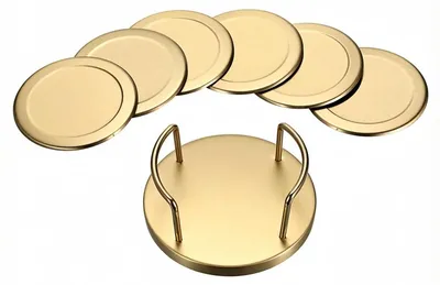 6 runde Edelstahl-Untersetzer 10 cm mit Ständer, gold