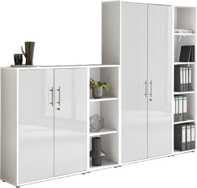 Produktbild von Aktenschrank TABOR 4 in weiß / weiß Hochglanz, Schrankwand, Büroschrank, abschließbar, Metallgriffe