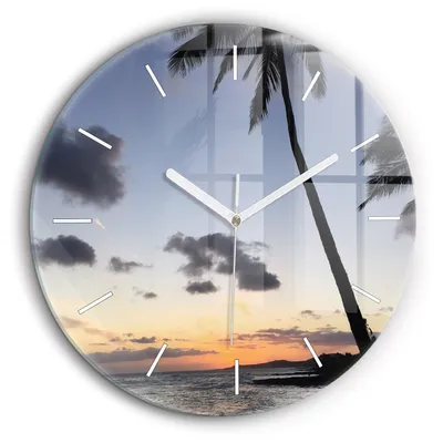 Produktbild von Wallfluent Große Wanduhr – Stilles Quarzuhrwerk - Uhr Dekoration Wohnzimmer Schlafzimmer Küche - Zifferblatt mit Striche - weiße Zeiger - 60 cm - Palme und Sonnenaufgang
