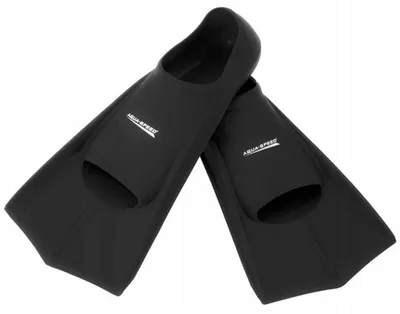 A pair of black swimming fins on a white background.