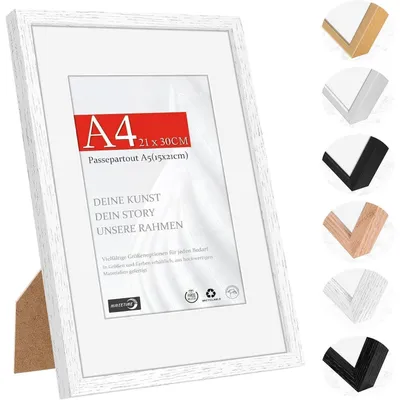 Image de Cadre photo format DIN A4 (21x29,7 cm) en bois naturel blanc, avec passe-partout pour photo format A5 (15x21 cm), pour fixation au mur ou à poser, en bois massif, largeur du cadre : 1,2 cm