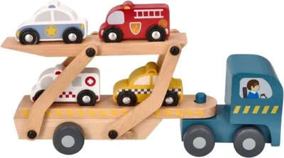 A wooden toy car carrier truck with four smaller toy vehicles on it.
