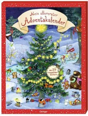 An illustration of a Christmas tree surrounded by various animals in a snowy setting, with a banner at the top.