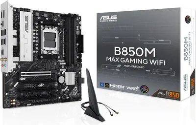 Produktbild von ASUS B850M MAX GAMING WIFI, AMD, Sockel AM5, AMD Ryzen 7000 Series, AMD Ryzen 8000 Series, AMD Ryzen 9000 Series, Sockel AM5, DDR5-SDRAM, 256 GB