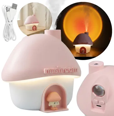 Produktbild von Mary's Luftbefeuchter mit LED-Lampe und Projektor, rosa Pilz-Design, RGB-Licht, USB