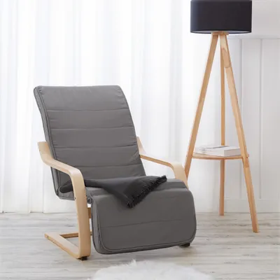 Produktbild von Homestyle4u Relaxační křeslo šedé s nastavitelnou podnožkou Houpací křeslo TV křeslo dřevo příroda
