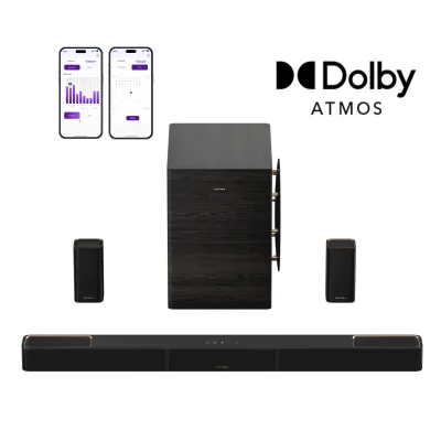 Imagen del producto de ULTIMEA Skywave Series: Sistema de sonido envolvente inalámbrico profesional de 7.1.4 canales para televisión, con Dolby Atmos, barra de sonido de 980 W y subwoofer inalámbrico de 10"