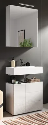 Produktbild von Badmöbel-Set "Larik" in weiß Hochglanz 2-teilig, 60 x 190 cm, mit viel Stauraum und LED