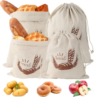 Immagine prodotto di Sacchetti in lino, confezione da 4, dimensioni 25x30 cm e 30x38 cm, riutilizzabili, ideali per pane e verdura