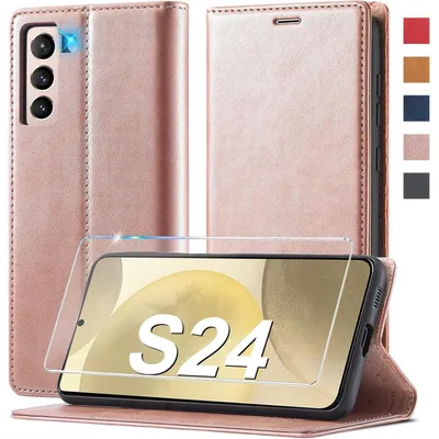Immagine prodotto di Custodia a libro in ecopelle per Samsung Galaxy S24, con portafoglio, protezione RFID, scomparti per carte e funzione stand, colore rosa