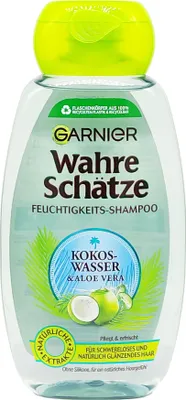 Produktbild von Garnier True Treasures Moisture, Coconut Water and Aloe Vera Shampoo, pflegt, erfrischt und spendet Feuchtigkeit, ohne zu beschweren, 250ml