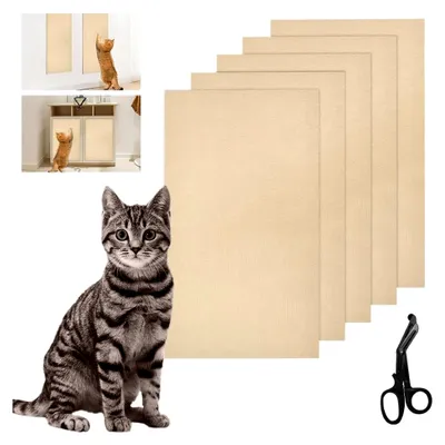 Produktbild von 5er-Pack selbstklebende Kratzmatte für Katzen 60x30x4 cm, inklusive Gazeschere zum Kratzschutz für Sofa, verstärkter Kratzteppich in Khaki