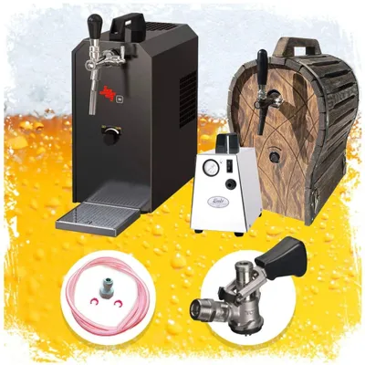 Produktbild von Komplett Set - Zapfanlage JET 30 Bierkoffer, Bierzapfanlage, Durchlaufkühler 1-leitig Trockenkühler, bis zu 35 Liter/h mit Holzfass, Zapfkopf: Flach