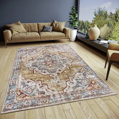 Oriëntalischer Läufer, Vintage-Look, 57x90 cm, beige-blau, niedriger Flor