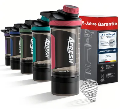 Produktbild von 4FRESH Protein Shaker Flasche 500 ml aus Tritan - BPA-Frei mit Skala & Magnetverschluss, Spiralmixer & Aufbewahrungsbox für Pulver & Kapseln