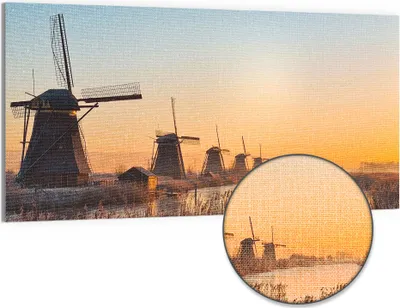 Produktbild von DEQORI Hybrid Leinwand Bild 100x50 cm 'Mühlen im Morgenlicht' Wandbild Glas flach modern