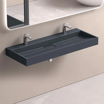 Image de doporro Lavabo Suspendu avec Bonde Vasque à Poser Gris Noir Mat 120x46x11cm Lave Mains avec 2 Perçages Rectangulaire Colossum19