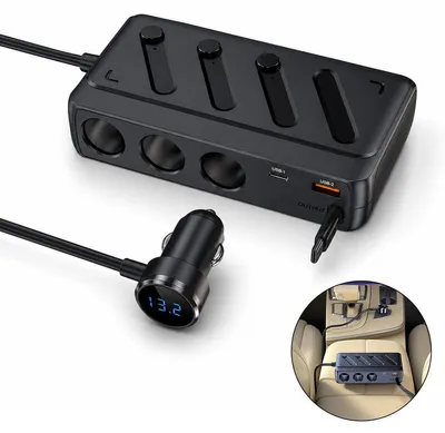Produktbild von 142W Zigarettenanzünder Verteiler, 3x12V, PD45W, USB, Typ-C einziehbar, Voltmeter, Schalter – für Auto