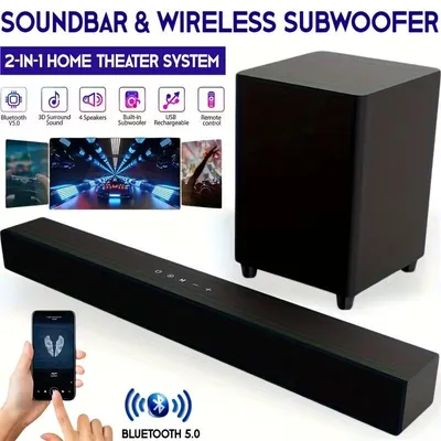 Produktbild von Leistungsstarkes 60-W-Soundbar-System mit Subwoofer – 5.0, Heimkino-Lautsprecher mit tiefem Bass, USB-/AUX-/Mikrofon-Eingänge