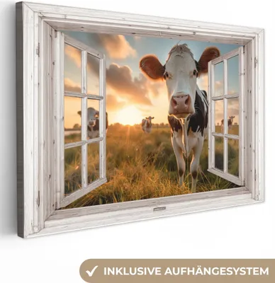 Produktbild von MuchoWow® - Leinwandbilder - Aussicht - Kuh - Wiese - Natur - Tiere - Ländlich, Wandbild, Wanddeko Bilder Wohnzimmer, 90x60cm
