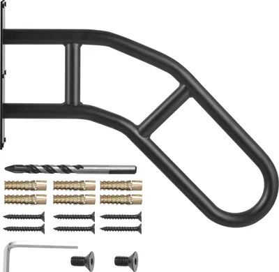 A black U-shaped handrail with mounting hardware, including a drill bit, screws, and anchors, is displayed against a white background.