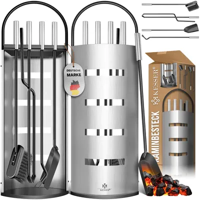 Immagine prodotto di KESSER® Accessori per caminetto set da 5 pezzi - Design moderno, rivestito, Set da caminetto di alta qualità composto da 5 pezzi: Scopa, pala, attizzatoio, pinze, supporto con paravento in acciaio inox