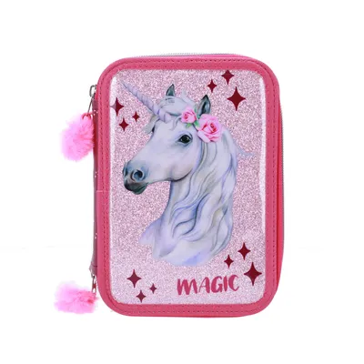 Produktbild von SCOOLSTAR Einhorn  Federmäppchen Kinder, 3 Organisierte Fächer, Federtasche  Gefüllt, Mädchen Schulmäppchen, 42 Teilen für die Schule, Vorschule.
