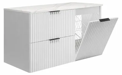 Immagine prodotto di Set di mobili da bagno con cesto per la biancheria e piano, maniglie nere, colore bianco/effetto marmo bianco, dimensioni 100 x 46 x 57 cm