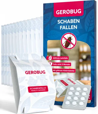 Produktbild von Gerobug Schabenfalle 12 STK. inkl. Ködertabletten - Kakerlakenfalle zur Befallsermittlung von Schaben in Allen Wohnräumen - Mit Ebook mit Tipps zur Schaben-Vertreibung
