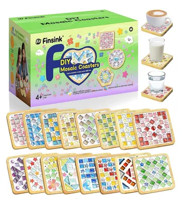 Image de Kit de mosaïque pour enfants, ensemble de 16 pièces, sous-verres en bois, pierres en verre pour enfants à partir de 5 ans