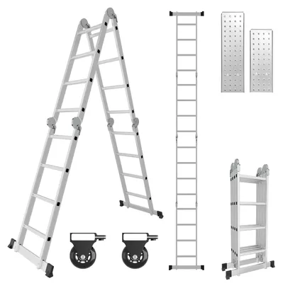 Obrázek produktu pro Peviasot univerzální žebřík, multifunkční žebřík 7v1, 4x4 stupně, výška cca 470 cm / 4,7 m, hliníkový kloubový žebřík s 2 platformami, 2 kolečky, maximální nosnost 150 kg