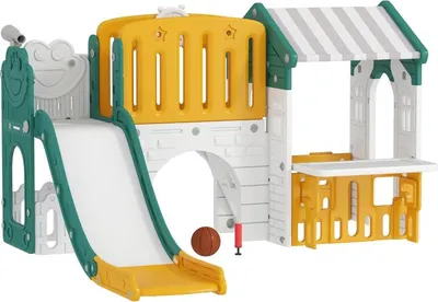 Immagine prodotto di Fortuna Lai Scivolo per bambini 7 in 1, parco giochi indoor, struttura per arrampicata, casetta, lavagna, canestro da basket, 1-4 anni, plastica, giallo+verde