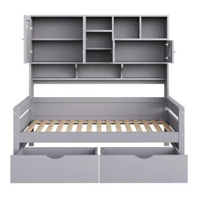 Produktbild von Merax Tagesbett Holz-Sofabett 90x200cm, Multifunktionsbett mit Regal, Kinderbett mit Schrank und 2 Schubladen, Massivholz Gästebett/Jugendbett, Grau