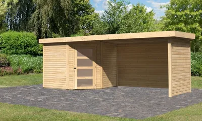 Produktbild von Karibu Gartenhaus Gerätehaus Schwandorf 5 im Set mit Anbaudach 2,80 m Breite und 19 mm Seiten- und Rückwand naturbelassen 496,5x246x218 cm